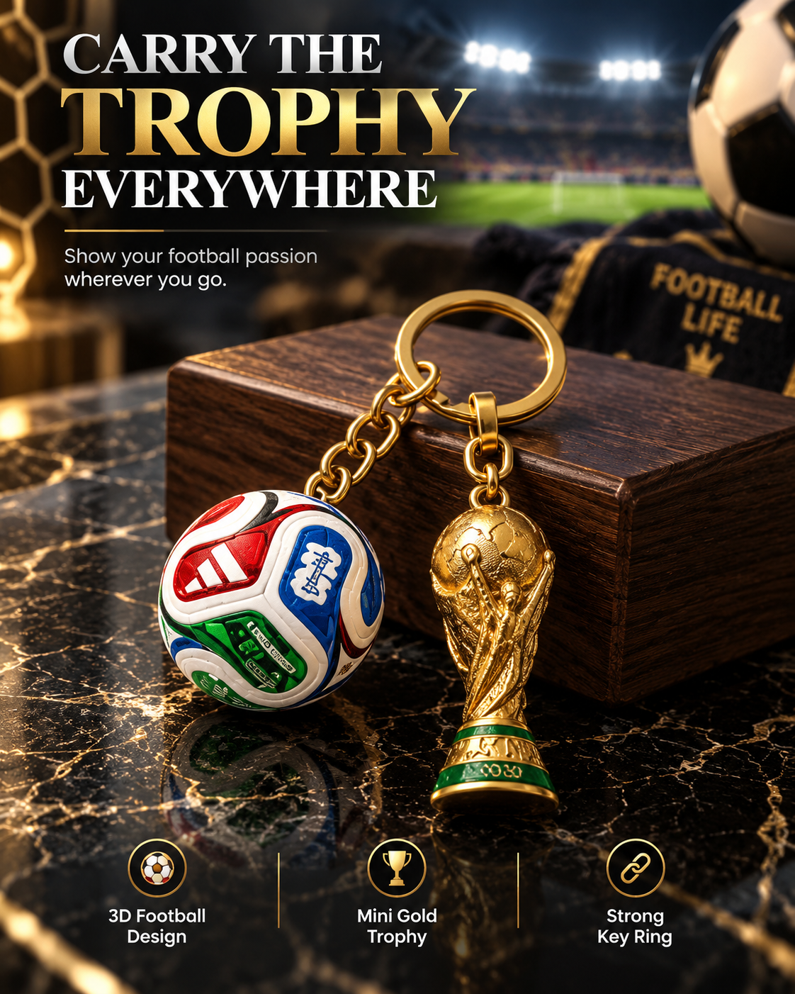 Football Keychain with Mini Gold Trophy