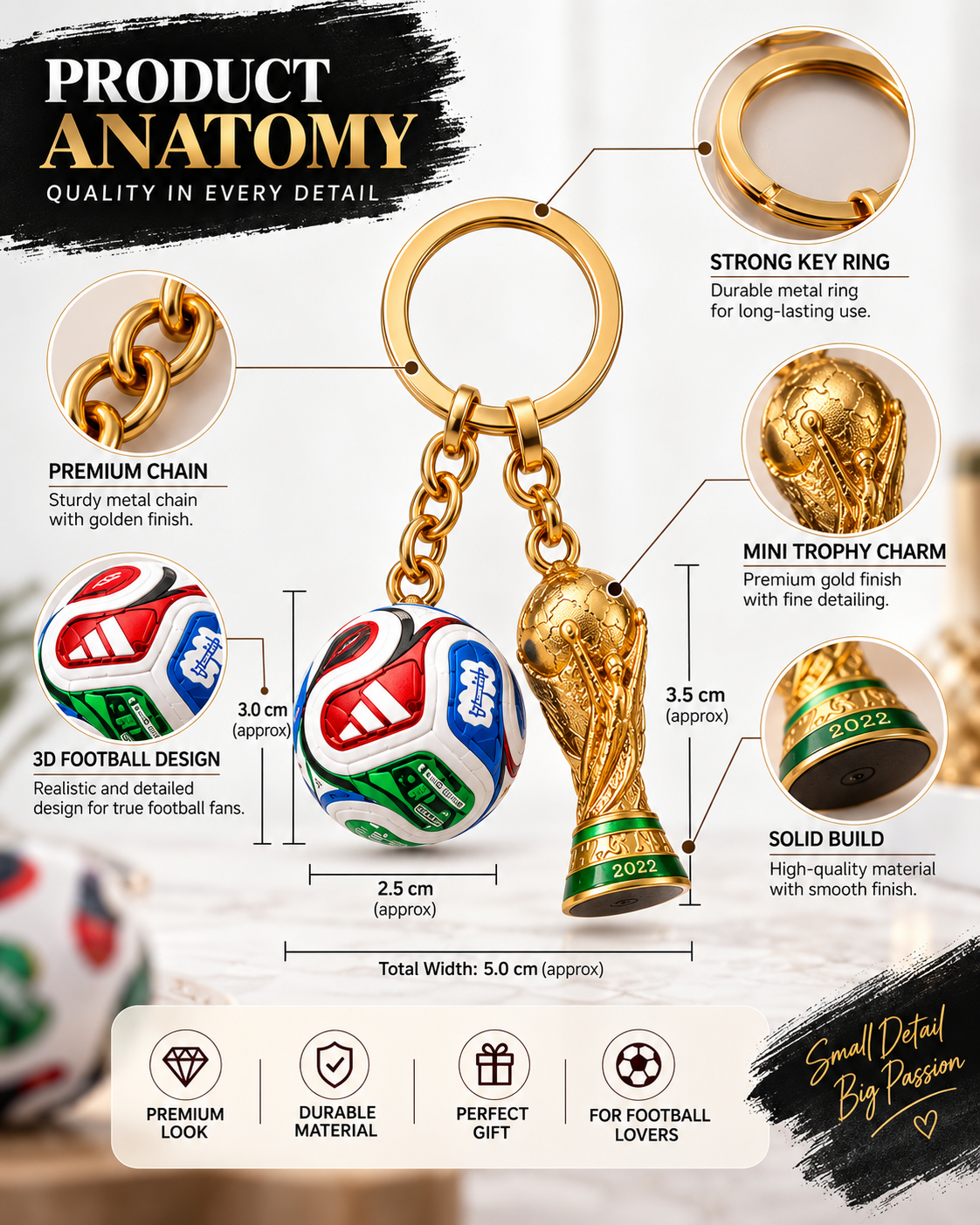 Football Keychain with Mini Gold Trophy